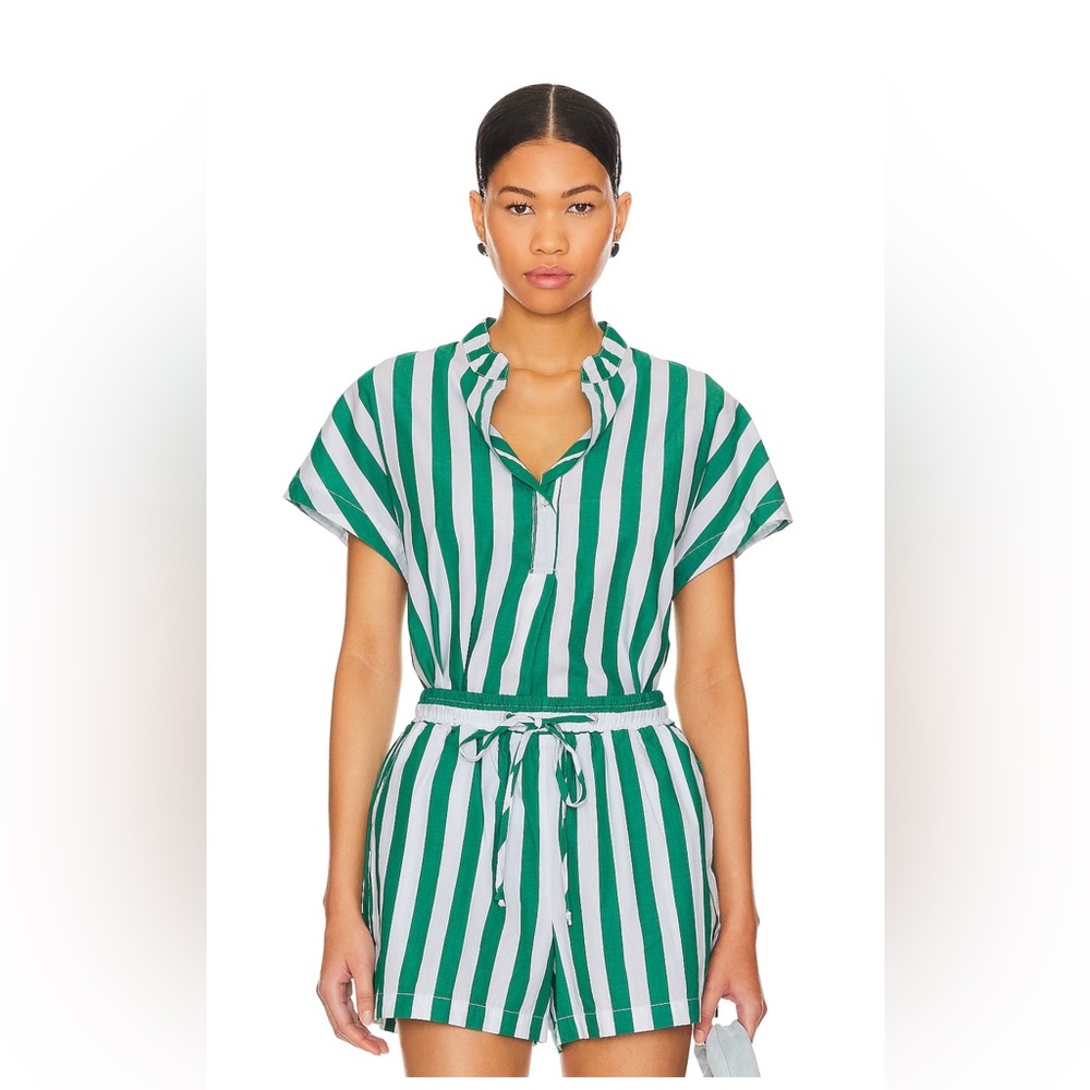 Sundry Candy Striped Popover Top and Easy Short Set in Herb Green